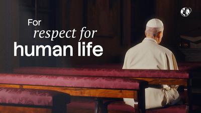 Le pape Léon XIV de dos, assis en prière sur un banc, avec le texte « For respect for human life ». vidéo d'intention de prière de juillet 2026