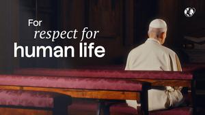 Le pape Léon XIV de dos, assis en prière sur un banc, avec le texte « For respect for human life ». vidéo d'intention de prière de juillet 2026