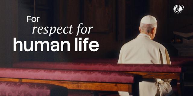 Le pape Léon XIV de dos, assis en prière sur un banc, avec le texte « For respect for human life ». vidéo d'intention de prière de juillet 2026